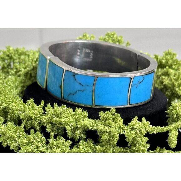 Vintage Taxco Turquoise Inlay Sterling Silver Chunky Clamper Bracelet - Picture 5 of 7